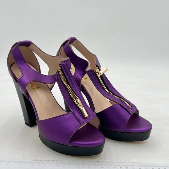 FSJ Purple Peep Open Toe T-Strap Front Zipper Chunky Stacked High Heel Sandal - Picture 4 of 8